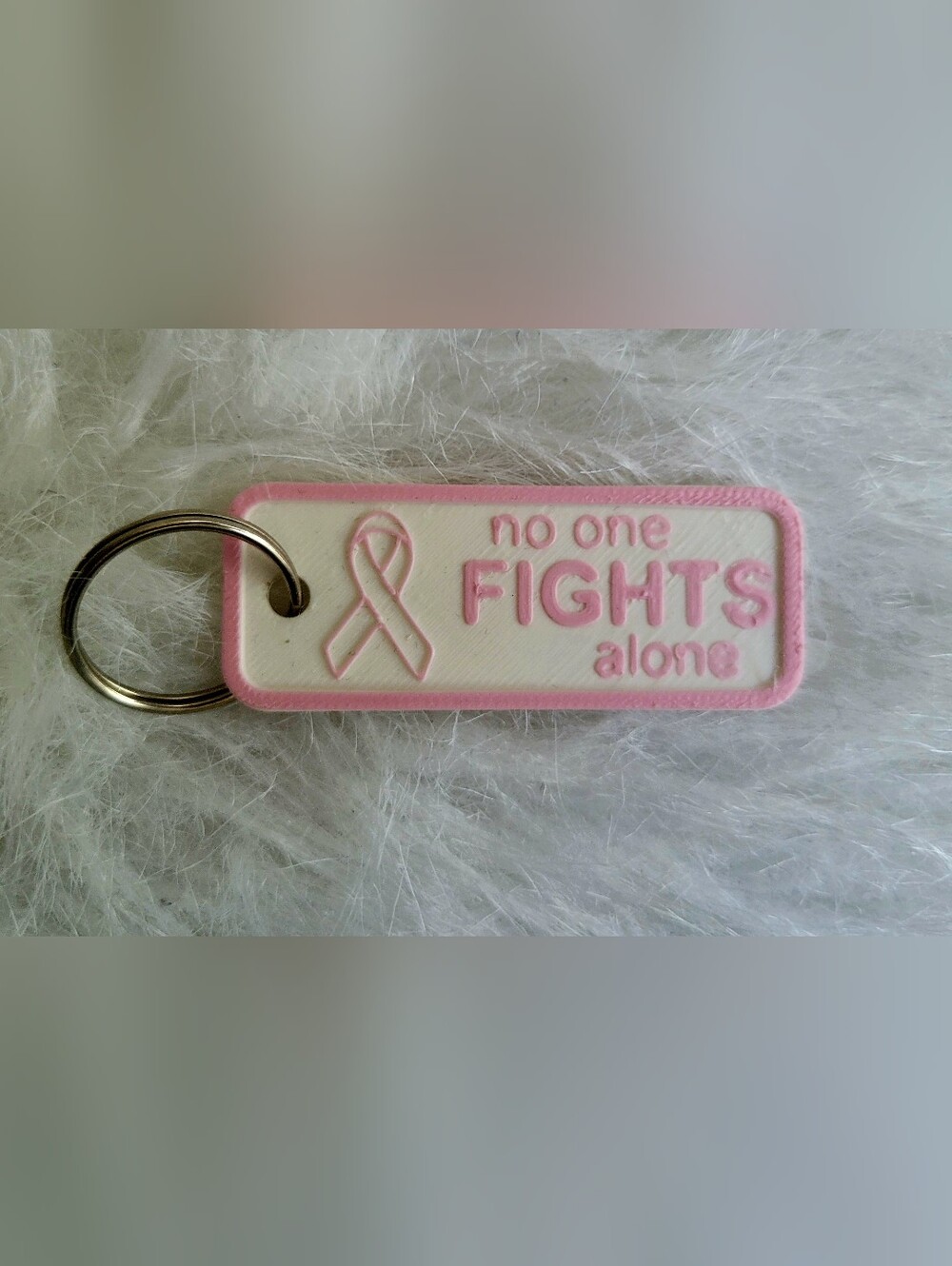 No One Fights Alone Pink and White Awareness Keychain